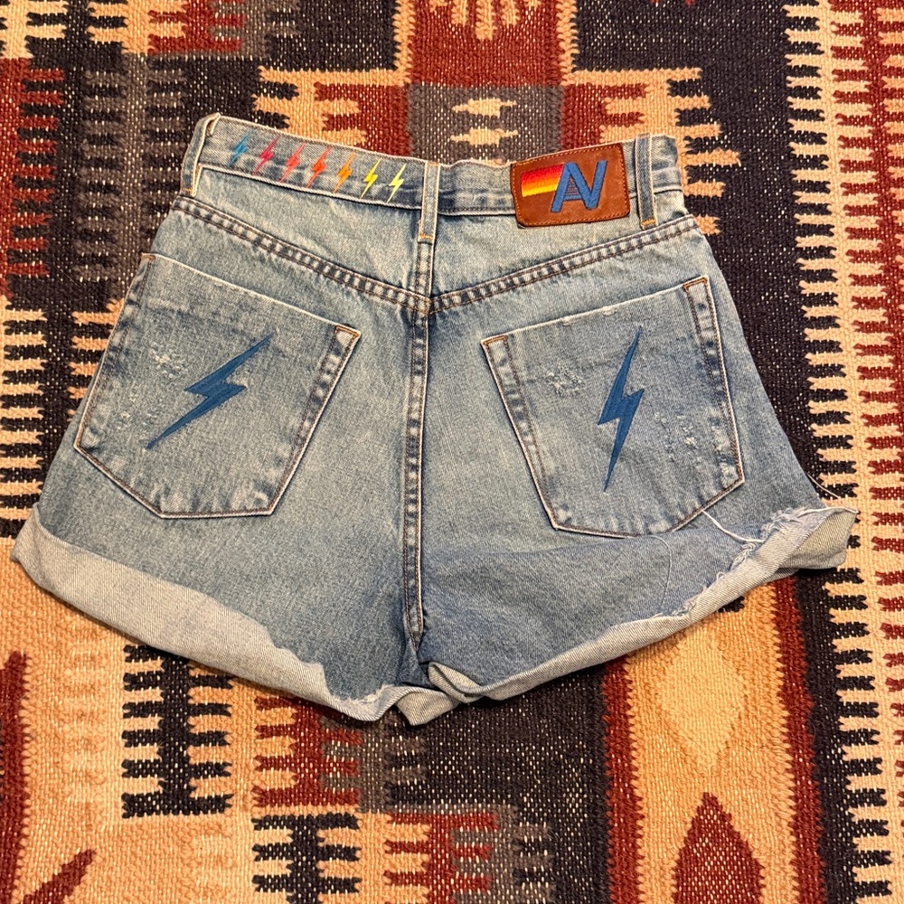 Aviator Nation High-Rise Denim Jean Lightning Bolt Shorts - Size 24 - Picture 3 of 7